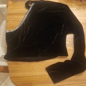 SHEIN Black Velvet One Shoulder/Arm Top with Silver Rhinestone Accents - Large